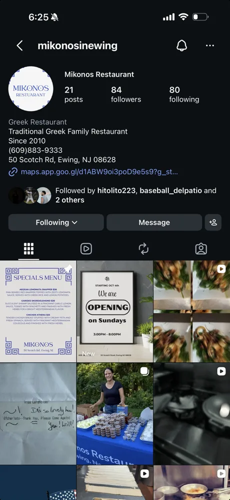 The @mikonosinewing profile as it looks today: bio with phone and address, a Google Maps link, no highlights, 21 posts.